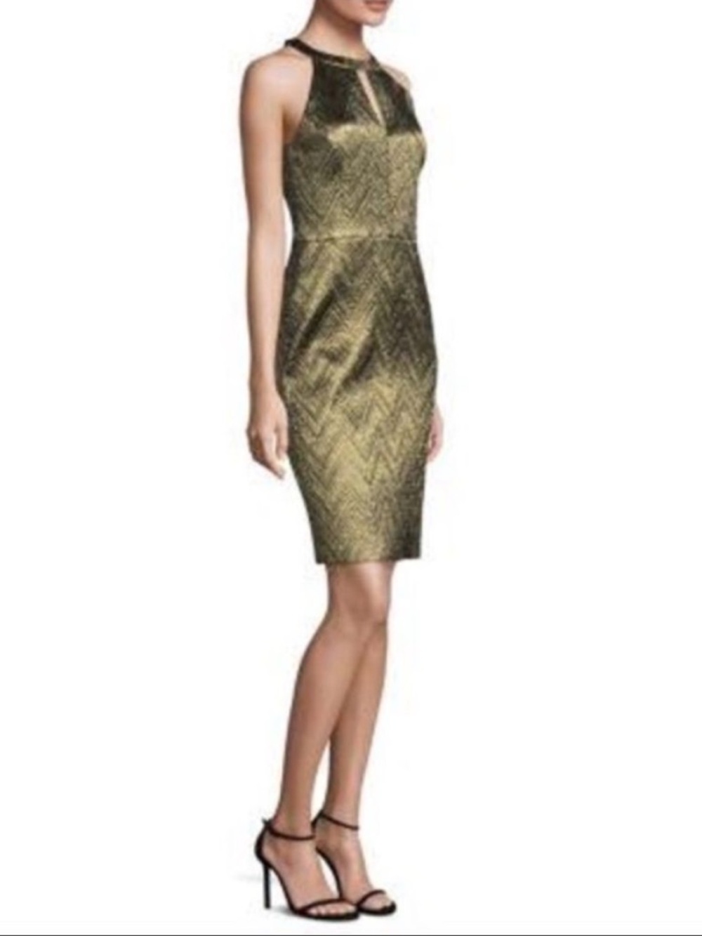 Trina Turk Mackie Gold Metallic Jacquard Sheath Dress Keyhole Cocktail Size 4